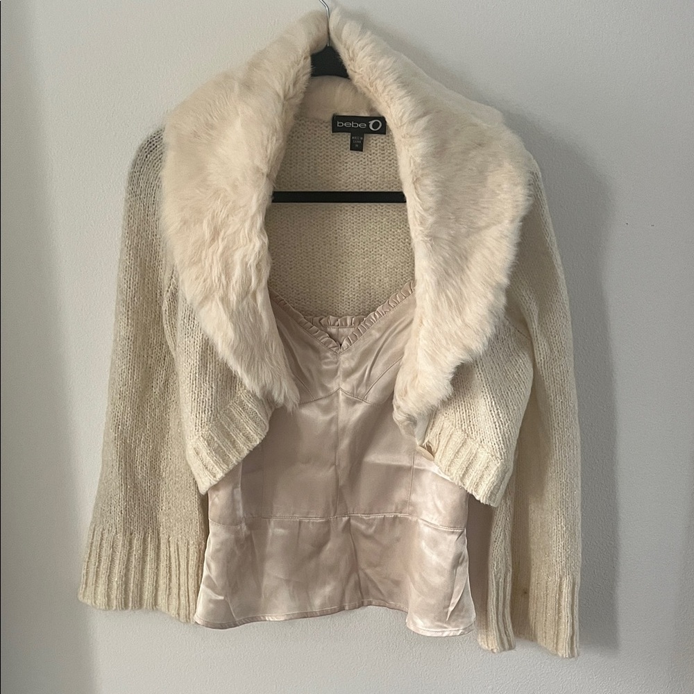 bebe Cream Faux Fur Collar Knit Shrug